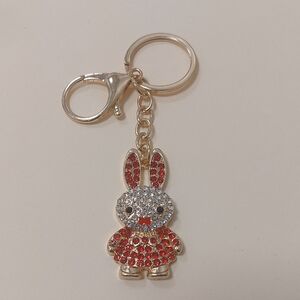 Gold Tone Rhinestone Bunny Rabbit Key Chain Purse Charm